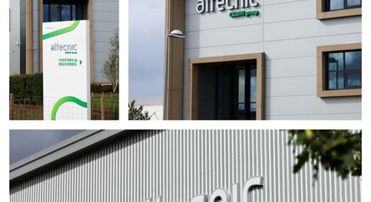 A collage of the Altecnic exterior dimensional lettering and wayfinding signage.