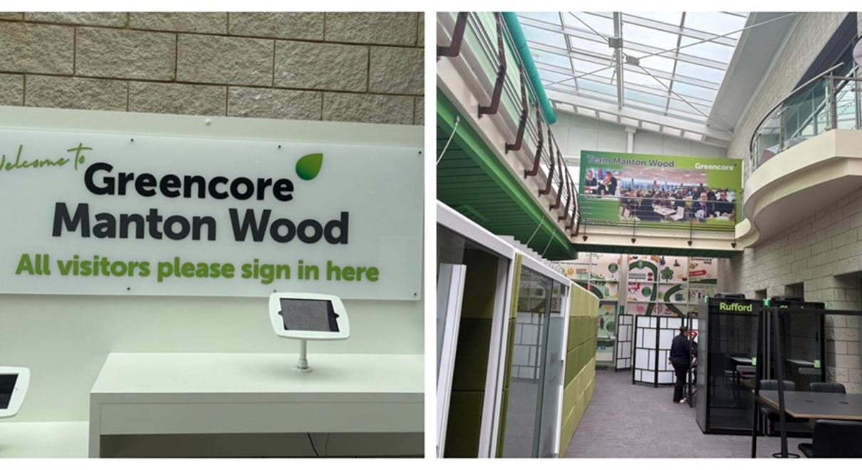 A collage of the Greencore Manton Wood reception signage, and the foyer signage and branding.