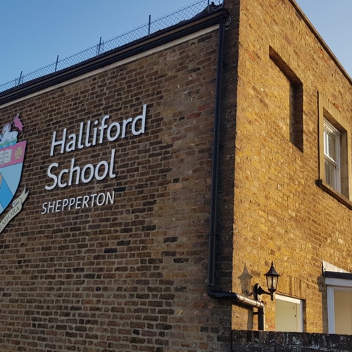 Halliford School Channel Letters on brick building