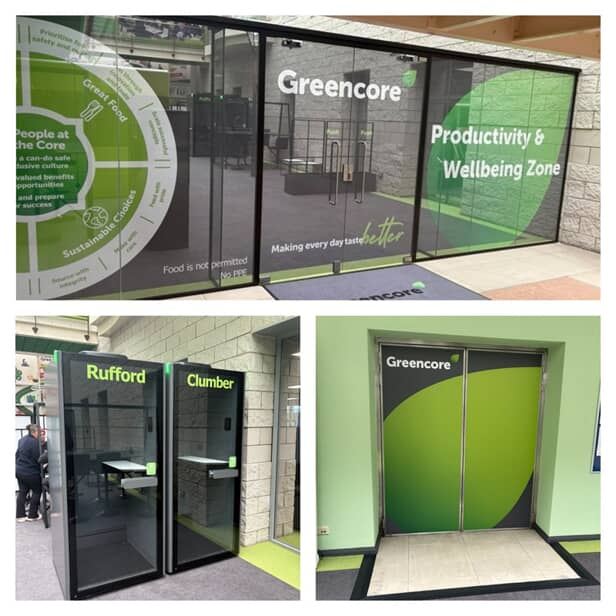 A collage of the exterior window and door signage for Greencore, as well as the elevator graphics.