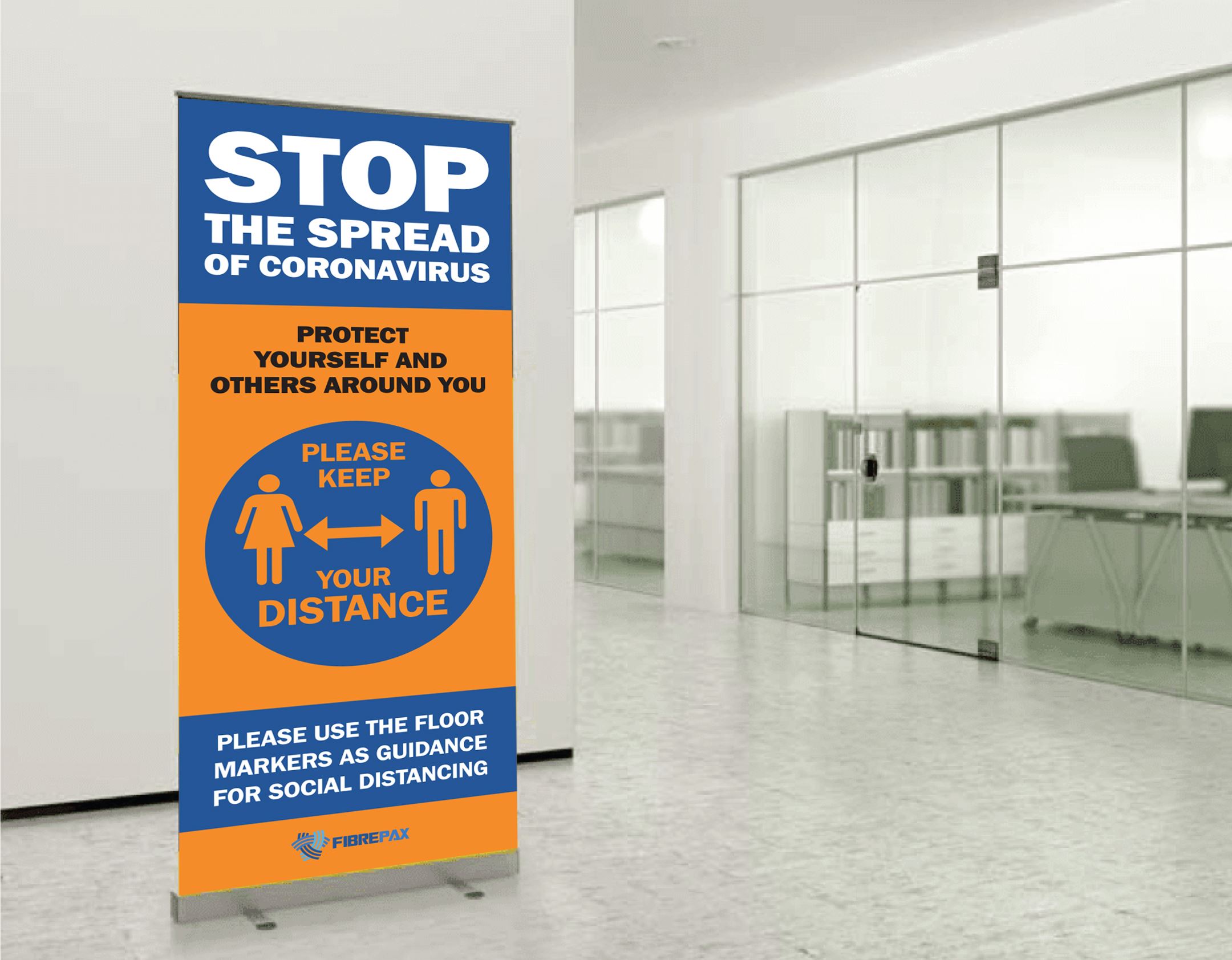 large banner stand with info to stop the spread of Coronavirus