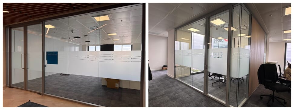 A collage of the vinyl window graphics that create privacy around the office's meeting rooms.