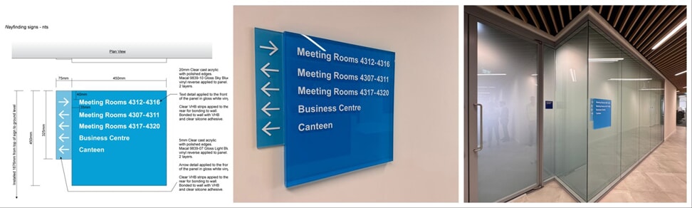 Another collage of the interior wayfinding proof and finished results around the BBVA office.
