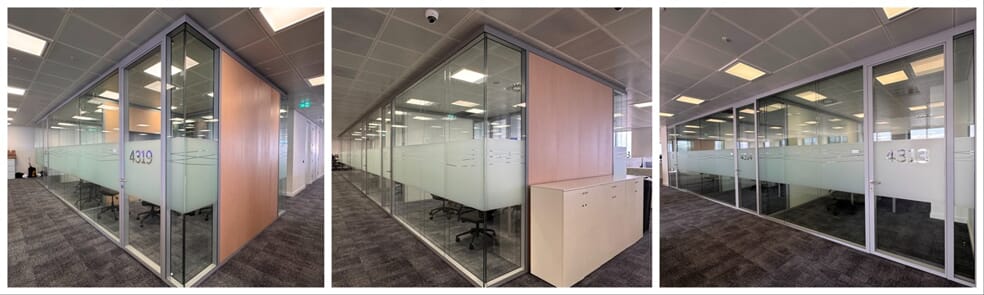 A collage of the vinyl window graphics around the interior meeting rooms for BBVA.