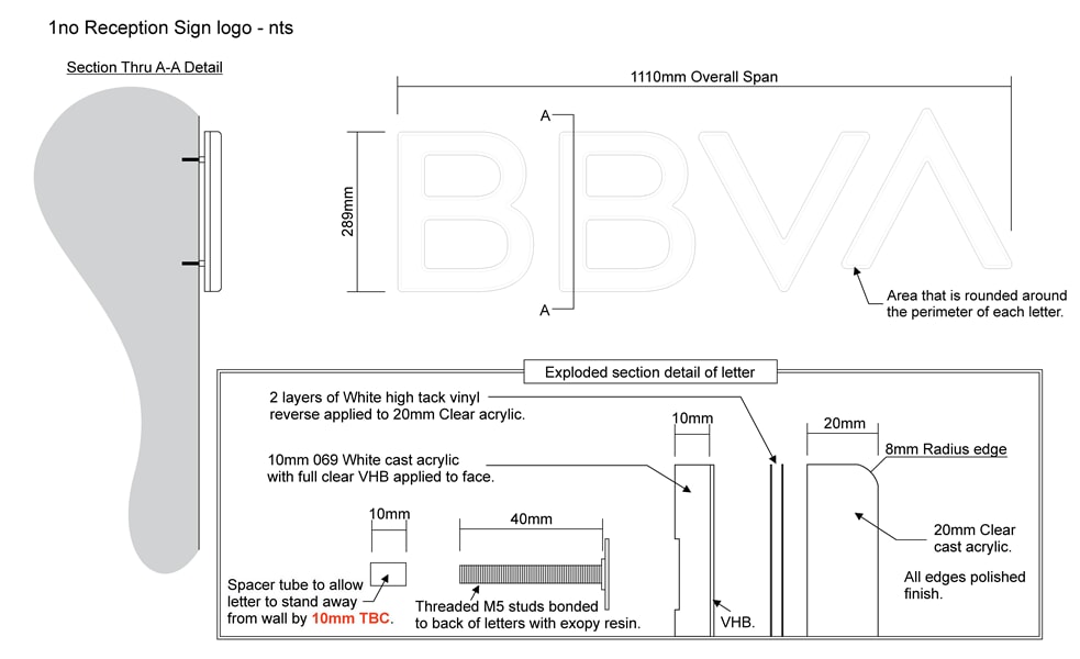 Shows the proof for the BBVA reception area.
